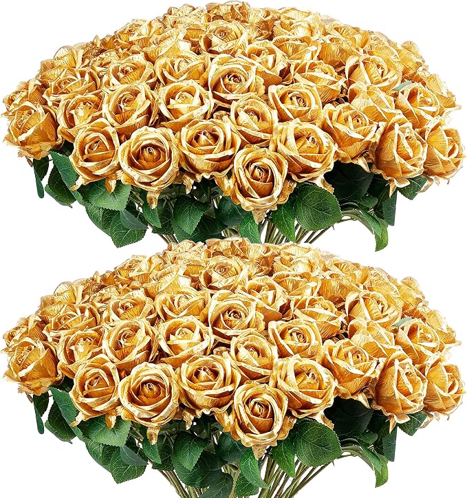 Auihiay 60PCS Gold Rose Artificial Flowers, Faux Silk Roses, Realistic Roses Bouquet for Anniversary, Baby Shower, Birthday, Graduation, Table Centerpieces, New Year's, Fathers Day Decor