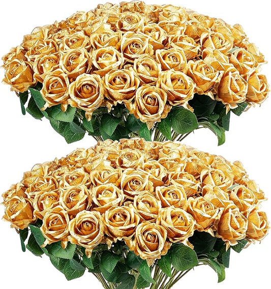 Auihiay 60PCS Gold Rose Artificial Flowers, Faux Silk Roses, Realistic Roses Bouquet for Anniversary, Baby Shower, Birthday, Graduation, Table Centerpieces, New Year's, Mother's Day Decorations