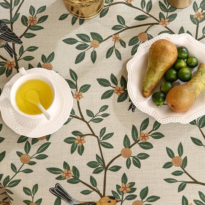 patdrea Designer French Linen Tablecloth,Round,Diameter 55"-Warbler A | Vintage Table Cloth for Round Table,Yellow and Green Floral Pattern,Dining Room Tea Party Thanksgiving Decor