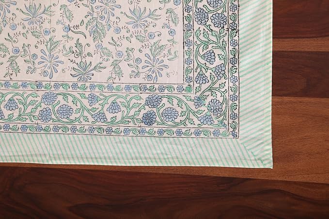 ATOSII Aster Blue 100% Cotton Rectangle Boho Fall Tablecloth, Handblock Floral Block Print Table Cloth Linen for Kitchen Dining I Parties Christmas New Year Gifting I 72 X 140 Inches I 12 Seater