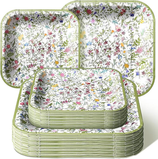 Umigy 100 Pcs Paper Plates Flower Dinner 9'' Floral Disposable Paper Plates 7'' Square Dessert Set for Dinner Birthday Wedding Baby Shower Party Tableware(Green,Wildflower)