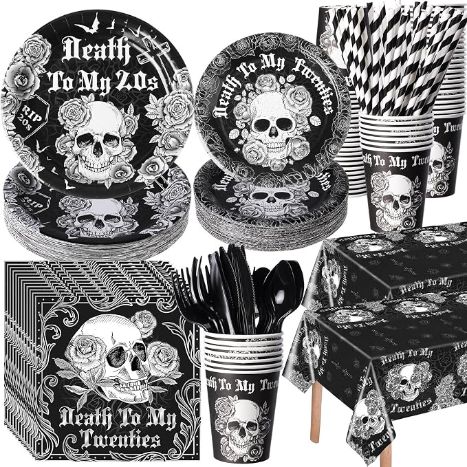 Funnymoom 452 Pcs Black and Silver Death to My 20s Decoration Serves 50, Rip 20s Paper Plates Napkins Cups Tablecloth Cutlery Straw for Men Women Death to My Twenties 30th Birthday Party Supplies