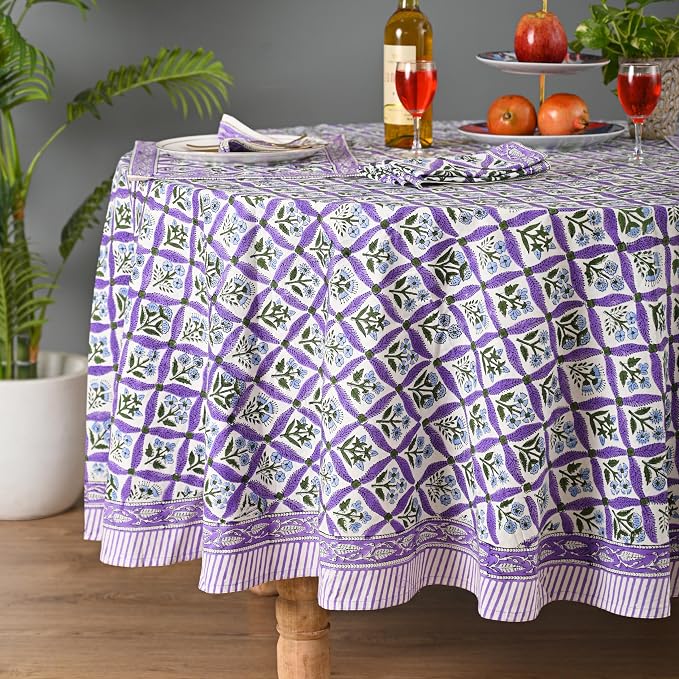 Hand Block Printed Tablecloth – Colorful Floral Print | 100% Cotton | Indian Artisan Handmade Art | Dining Room, Kitchen, Outdoor Décor, (Royal Purple Flora, 108 Inches Round)