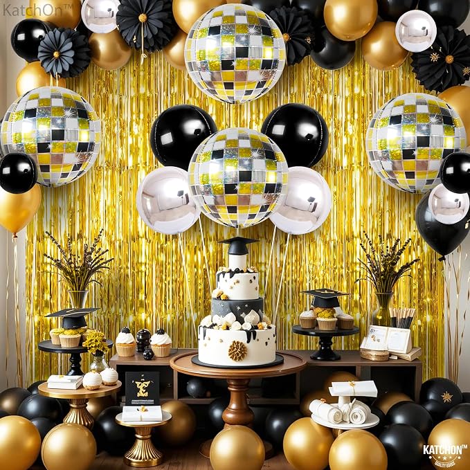 KatchOn, Disco Ball Balloons - Big 22 Inch, Pack of 14 | Black and Silver Balloons for Gold Party Decorations, Karaoke Party Decorations | 4D Sphere Metallic Balloons Disco Party Decorations