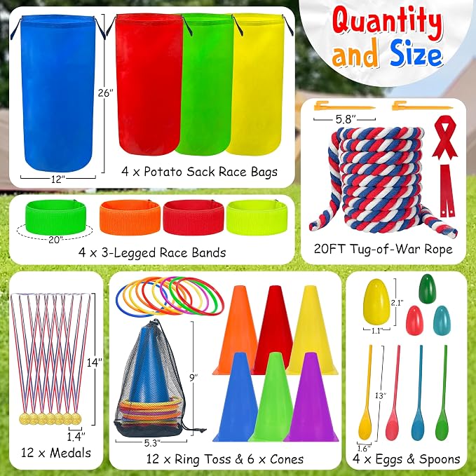 LINAYE Field Day Games Outdoor Activities, Carnival Lawn Yard Picnic Family Reunion Games Tug of War Rope Sack Race Bags for Adults and Kids Ring Toss Egg and Spoon 3 Legged Race for Birthday Party
