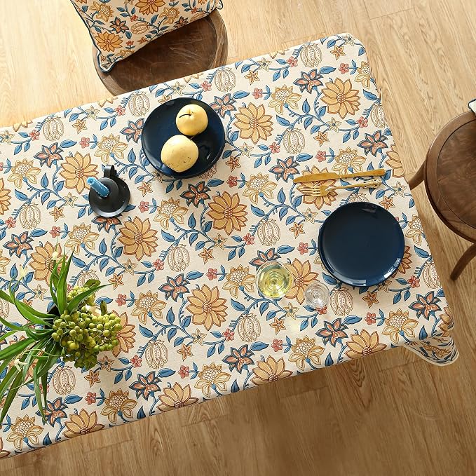 ISAENNE Designer Vintage Linen Rectangular Tablecloth,110"x63"-Estevan B | French Elegant Printed Table Cloth for Rectangle Table,Orange Floral Pattern,Dining Room,Kitchen,Tea Party,Thanksgiving