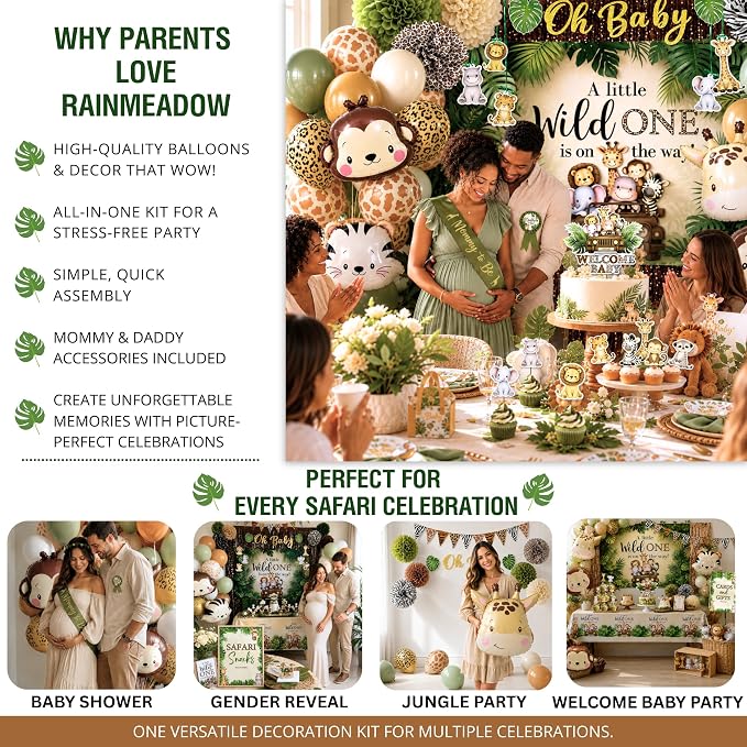 272 Pc Safari Baby Shower Decorations, Jungle Animal Party Set | Safari and woodland baby shower decorations; jungle and forest animal styles with backdrop, balloons, banner, sash