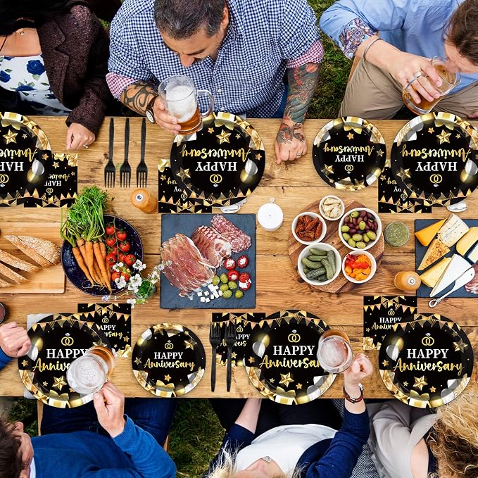 chiazllta 96 Pcs Anniversary Party Paper Plate and Napkins Gold Black Disposable Tableware Wedding Anniversary Party Supplies for 40th 50th 60th Wedding Favors 24 Guests