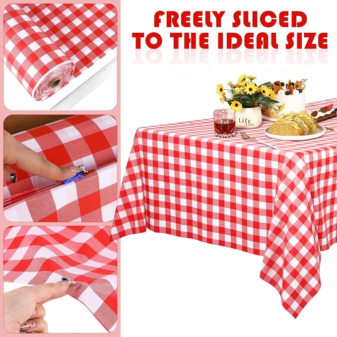 Kochorie 54 Inch x 100 Ft Red Checkered Plastic Table Cloth Roll Disposable Waterproof Table Cover Plastic Table Cover Roll with Easy Slide Cutter for Outdoor Picnic/Home Dining/Summer Party