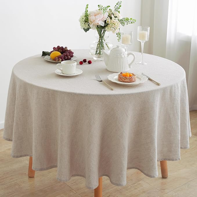 Linen World Linen Tablecloth,100% French Linen Round Tablecloth 90" Inch,Washable Natural Tablecloth for Dining,Outdoor,Weddings and Restaurants,Decorative Thanksgiving Christmas