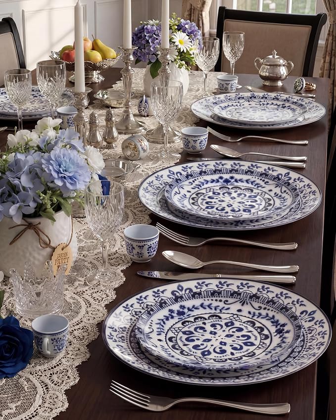 Hioasis 60pcs Blue Plastic Plates Set - Floral Blue & White Porcelain Design, 10.25" Dinner & 7.5" Dessert Plates Disposable for Wedding & 4th ofJuly (Dishwasher Safe, Traditional Style)