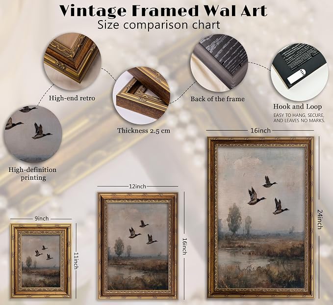 Vintage Gold Framed Flying Duck Wall Art Mallard Duck Canvas Wall Decor Rustic Mallard Poster Artwork Retro Rustic Farmhouse Animal Picture for Home Living Bedroom Farmhouse Hallway