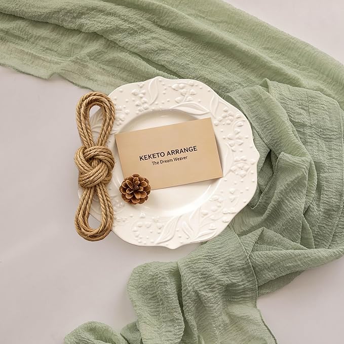 Keketoarrange 3Pcs Sage Green Spring Easter Cheesecloth Table Runner 120 Inch 10 FT Rustic Boho Cheese Cloth Runner for Wedding Baby Shower Bridal Shower Sheer Gauze Centerpiece Home Decor