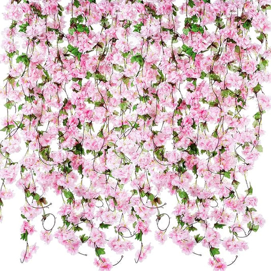 Nuenen 12 Pcs 92.5 FT Artificial Cherry Blossom Flower Vines Bulk Faux Cherry Hanging Garland Pink Flower Vines Silk Pinks Flowers Garland with Green Leaves for Party Decor(Light Pink)