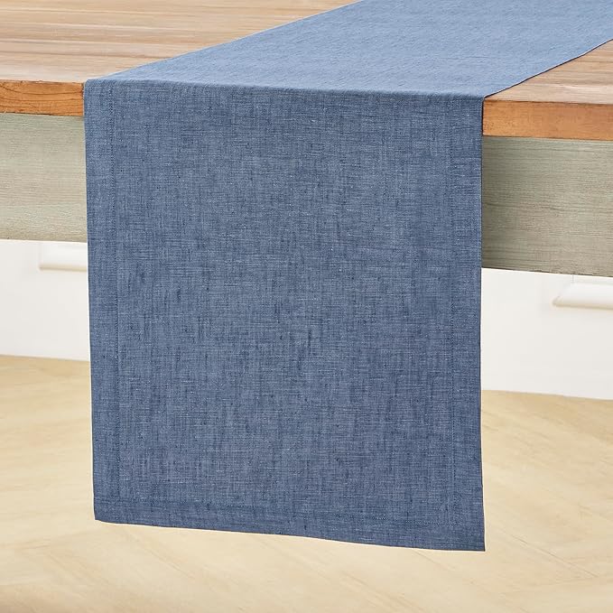 Solino Home Linen Table Runner 144 Inches Long - Athena, 100% Pure Linen Blue Denim Dining Table Runner 14 x 144 Inch for Spring, Summer