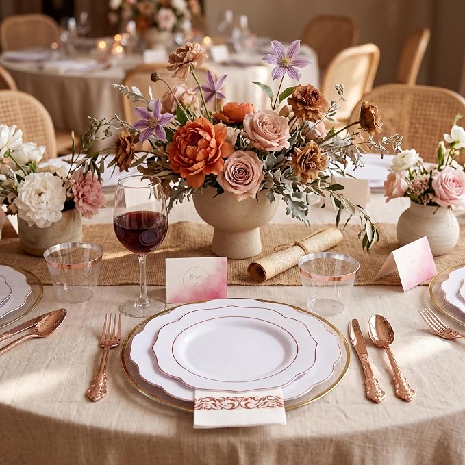 NOCCUR 175PCS Rose Gold Plastic Plates with Disposable Silverware - Include 25Dinner Plates, 25Dessert Plates, 25Forks, 25Knives, 25Spoons, 25Cups, 25Napkins for Party/Wedding/Birthday/Graduation