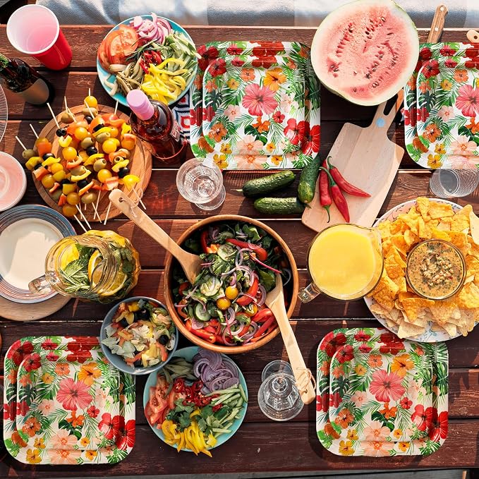 Umigy 100 Pcs Paper Plates Flower Dinner 9'' Floral Disposable Paper Plates 7'' Square Dessert Set for Dinner Birthday Wedding Baby Shower Party Tableware(Warm Color,Hawaiian)