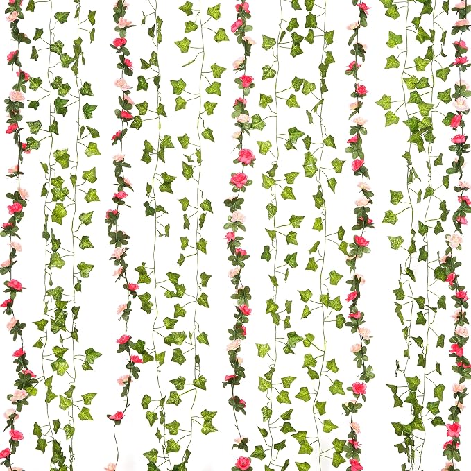 BLEUM CADE 5 Pcs 41Ft Flower Garland Artificial Rose Vines with 5 Pcs 34.5Ft Fake Ivy Vines, Hanging Fake Flower Vines for Wedding Party Valentines Day Christmas Wall Room Decor Aesthetic