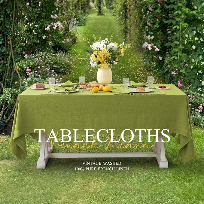 Linen World Vintage Tablecloths 60x120 Inch,100% French Linen Tablecloth,Classic Vintage Washed Table Cloths for Kitchen,Outdoor,Weddings,Decorative Thanksgiving Christmas,Moss Green