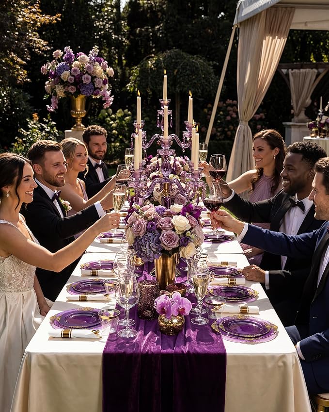 Nervure 350PCS Purple Plastic Plates - Disposable Purple Gold Party Plates & Pre Rolled Napkins with Cutlery for 50 Guests, 100Plates, 150 Silverware, 50 Cups, 50 Napkin for Wedding & Party & Bridal