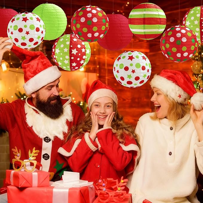 12 Pcs Red Green Christmas Hanging Paper Lanterns 8 Inch Christmas Party Lanterns Indoor Outdoor Decorative for Xmas Holiday Party Baby Shower Birthday