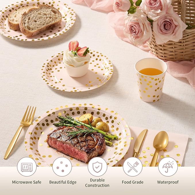 Goodlluck 175PCS Pink Gold Foil Polka Dot Disposable Party Tableware Set, 25 Guests | 9" & 7" Golden Dot Disposable Paper Plates, 9oz Cups, Napkins & Gold Cutlery for Birthday, Wedding & Baby Shower