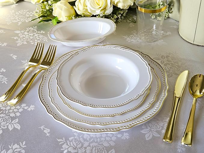 " OCCASIONS " 150pcs set (25 Guests)-Wedding Plastic Plates & cutlery -Disposable heavyweight Dinnerware 10.25'', 7.5'' + Silverware w/double fork (Rochelle White & Gold)