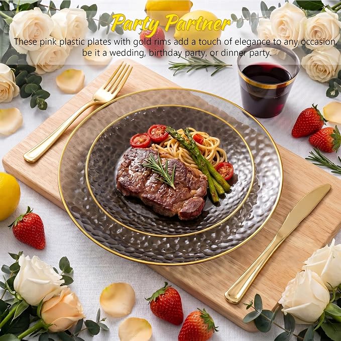 175PCS Black and Gold Plastic Dinnerware Set for 25 Guests, Disposable Plates for Party, Include: 25 Dinner Plates, 25 Dessert Plates, 25 Pre Rolled Napkins with Gold Silverware, 25 Cups