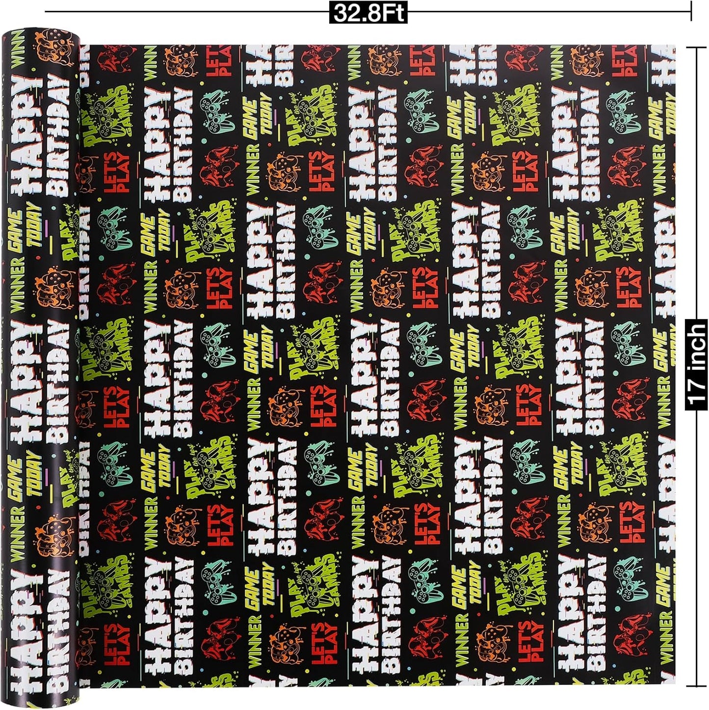 Aimyoo Gaming Birthday Wrapping Paper Roll - 17 Inch X 32.8 Feet - Black Happy Birthday Video Game Pattern Gift Wrap Paper for Boys Party, Baby Shower, Holiday