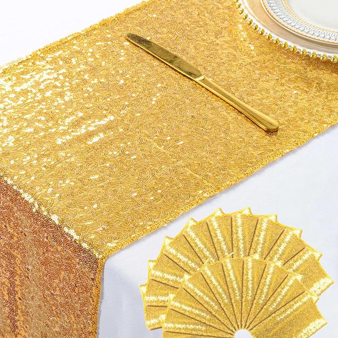 ShinyBeauty Gold Table Runners 108 Inches Long Sequin Table Runner 20 Packs Glitter Fabric Sparkle Golden Table Linen for Party Wedding Outdoor Dining Tables