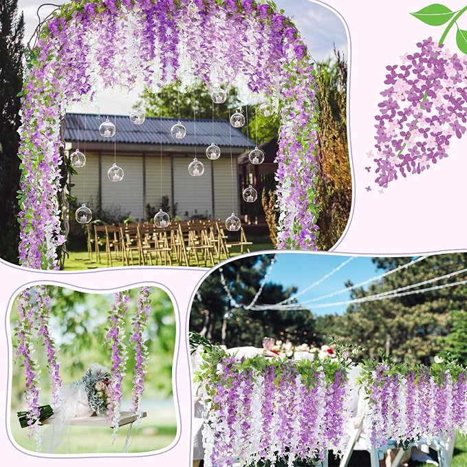 Thiccywoov 4pcs Wisteria Artificial Flowers Garland, 7.2Ft/Piece Wisteria Hanging Flowers Garland for Wedding Arch Decoration Outdoor Ceremony Home Backdrop Garden (Light Purple,Dark Purple,White)