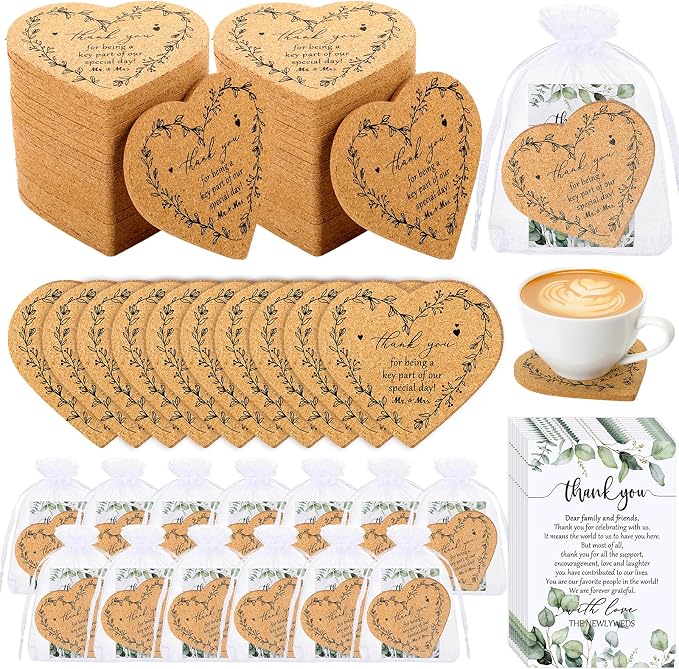 150 Sets Rustic Wedding Favor Coasters, Heart Cork Coasters for Guests, Mr & Mrs Coaster Favors with Thank You Cards & Organza Bags, Bridal Shower Party