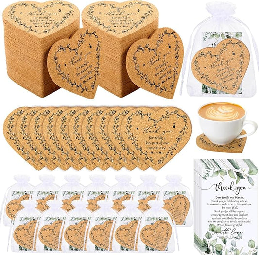 150 Sets Rustic Wedding Favor Coasters, Heart Cork Coasters for Guests, Mr & Mrs Coaster Favors with Thank You Cards & Organza Bags, Bridal Shower Party