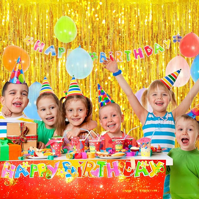 JOYIT 5 Pack Gold Tinsel Backdrop - 3.28 ft x 6.56 ft Fringe Backdrop, Glitter Foil Fringe Curtains for Party Decorations, Birthday, Bachelorette, Graduation, Wedding (Gold, 5 Pack)