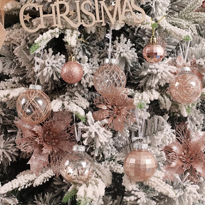 CristBest 30ct Christmas Ball Ornaments-60mm/2.36" Shatterproof Clear Plastic Xmas Balls Baubles Set with Stuffed Delicate Sparkling, Hanging Christmas Tree Decorations(Rose Gold)