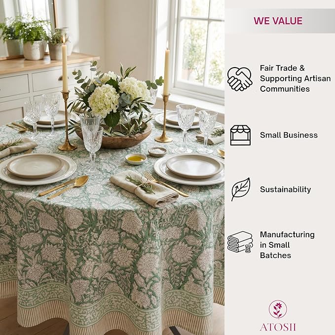 ATOSII Jade 100% Cotton Boho Round Tablecloth, Block Print Floral Table Cloth Linen for Dining, Parties, Weddings, Outdoors I Table Decor I 60" Inches Round