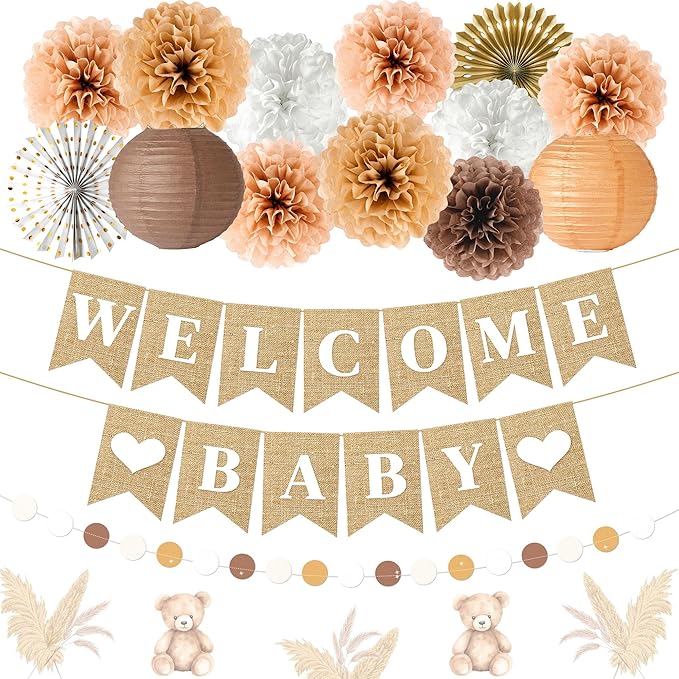 Kriyokiaa Boho Baby Shower Decorations 15 Pcs Gender Neutral Baby Shower Decorations Elegant Earth Tones Paper Pompoms and Lanterns with Welcome Baby Banner for Boy Girl