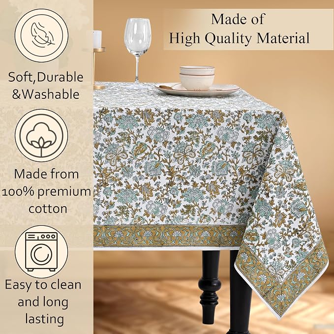 CPC Tablecloth 100% Cotton 72x140 Inch Indian Block Print Rectangle Table Cover, Blue Table Cloth for Weddings, Spring/Summer, Barbeque - Harvest Bloom