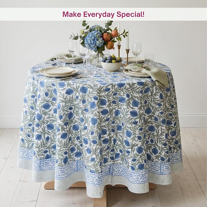 ATOSII Anar Blue 100% Cotton Round Boho Fall Tablecloth, Handblock Floral Table Cloth Linen for Kitchen Dining I Parties Weddings Outdoors Picnics Easter Mothers Day I 60" Inches Round I 4 Seater