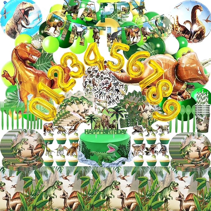 Dinosaur Birthday Decorations for Kids, Party Supplies 397 PCS, Serves 20 | Dinosaur Theme, Includes Balloons, Tablecloth, Cake Topper, Paper Plates