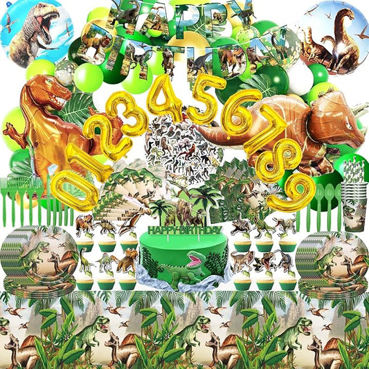 Dinosaur Birthday Decorations for Kids, Party Supplies 397 PCS, Serves 20 | Dinosaur Theme, Includes Balloons, Tablecloth, Cake Topper, Paper Plates