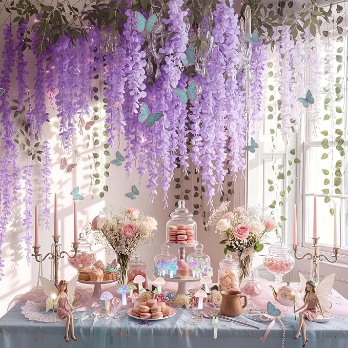 36 Pcs Fairy Party Garland Decorations Set Artificial Wisteria Hanging Flower Garland Wisteria Vines Greenery Whimsical Ceiling Decor for Classroom Wedding Party Indoor Outdoor Garden(Purple)