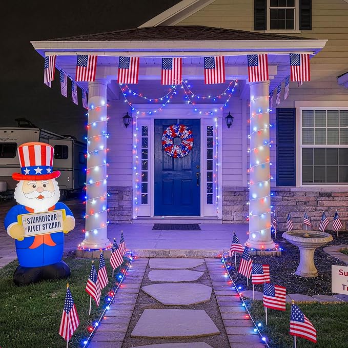 JMEXSUSS 33ft 100 LED Red White and Blue Lights Outdoor, 4th of July Lights Battery Operated with Remote, 8 Modes Patriotic Decorations for Indoor Outside Independence Day American Flag Holiday