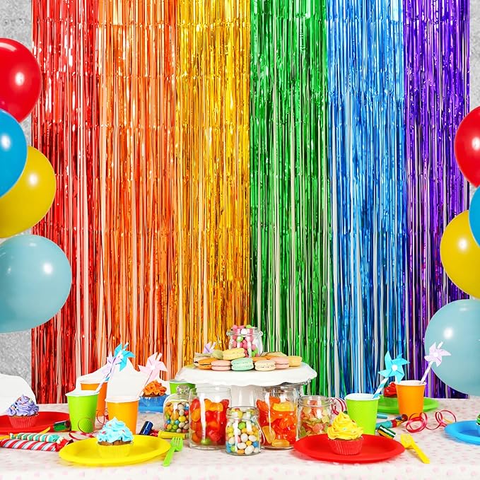 LOLStar Rainbow Photo Booth Props 4 Packs Rainbow Party Decorations 13.2x6.6 ft Foil Fringe Curtains Tinsel Metallic Streamers Holiday Backdrop for Birthday Easter Engagement Bridal Shower Pride