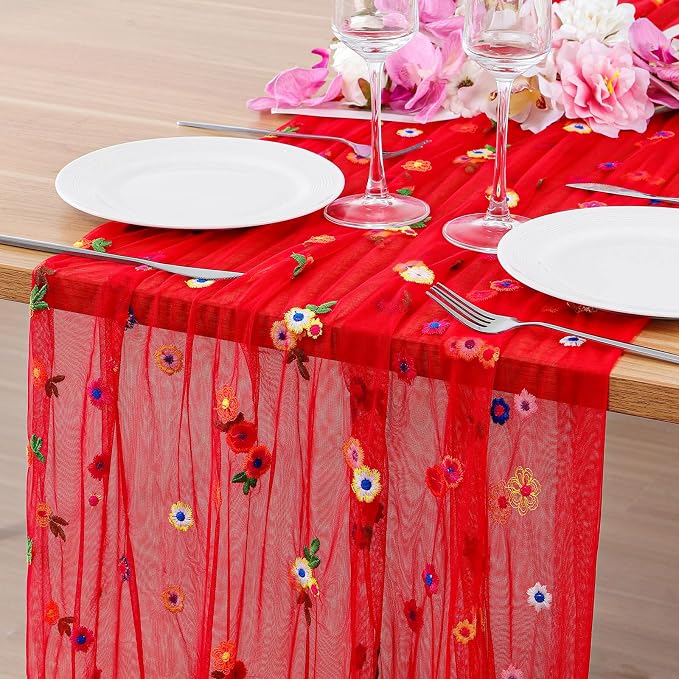 BINBE 1pcs Daisy Spring Table Runner Embroidery Gauze 10FT Florals Seasonal Tulle Holiday Birthday Kitchen Dining Table Decor for Home Party Red