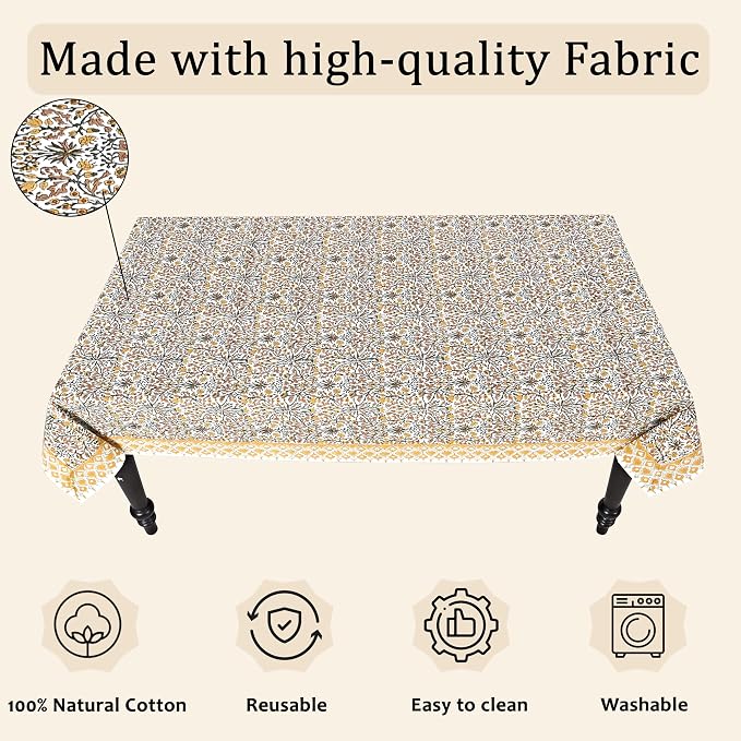 Ridhi Goldenrod Yellow Hand Block Print Cotton Rectangle Tablecloth 140" x 72" inches Reusable Table Cover Decorative Everyday Use for Dining Room, Farmhouse, Home Gift for Spring, Mother's Day
