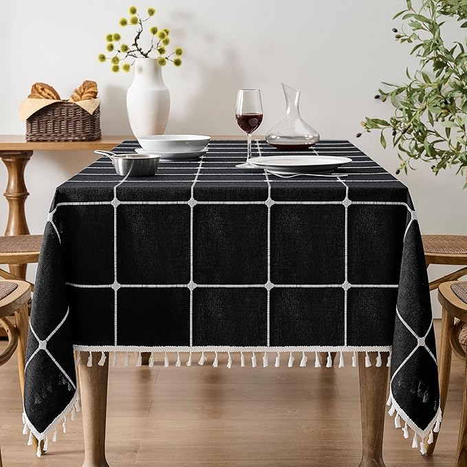 ZeeMart Boho Grid Table Cloth with Tassels (Black, 60" x 60"), Heavy Weight Linen Checked Embroidered Farmhouse Tablecloth, Water Resistant Square Black Tablecloths