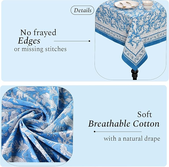 CPC Tablecloth 100% Cotton 72x160 Inch Indian Block Print Rectangle Table Cover, Washable Table Cloth for Weddings, Spring/Summer, Barbeque - Blue Sapphire