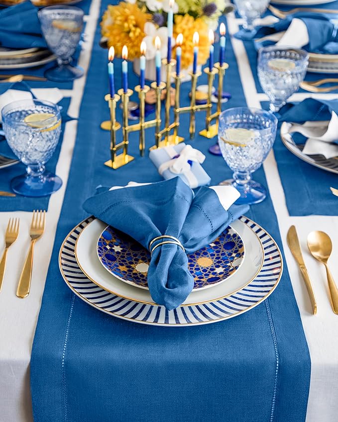 Solino Home Linen Table Runner 108 Inches Long - 100% Pure Linen Indigo Blue Table Runner 14 x 108 Inch for Spring, Summer, Mothers Day - Classic Hemstitch