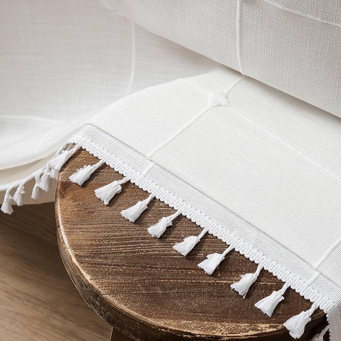 ZeeMart Boho Grid Table Cloth with Tassels (Off White, 52" x 52"), Heavy Weight Linen Checked Embroidered Farmhouse Tablecloth, Water Resistant Square Ivory Tablecloths
